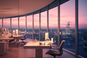 A Modern Rose Pink Office Space with a Panoramic View of the City Skyline at Dusk