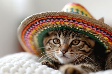 Festive mexican cat. Mexican cat in sombrero. Cat in sombrero. Mexican sombrero. Cinco de mayo holiday. Mexico independence. Horizontal banking poster on white background for advertisement