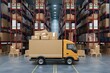 Delivery truck loaded with cardboard boxes, logistics, online service