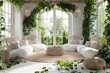 © Lazylizard - A tranquil garden room with white wicker furniture and lush greenery for peaceful retreat, peaceful and natural relaxation space. Interior design for modern house