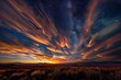 : Starry night sky fading into a spectacular sunrise with wispy clouds.