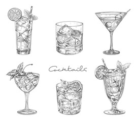 Hand drawn cocktail. Alcoholic drinks in glasses. Sketch juice, margarita martini. Cocktail with rum, gin whiskey vector set.