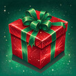 Illustration of red wrapped christmas gift with green ribbons and festive background