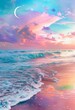 A serene dreamscape where the ocean meets a cotton-candy sky during sunset, graced by a crescent moon