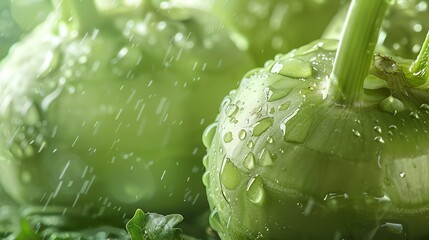 Close-up of a green kohlrabi with water drops on its surface. The kohlrabi is in focus, with a blurred background of green leaves.