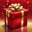 Red wrapped christmas gift with gold ribbons and festive background