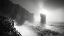 Monochromatic Photo Of A Rock Formation In The Ocean Under A Dramatic Sky