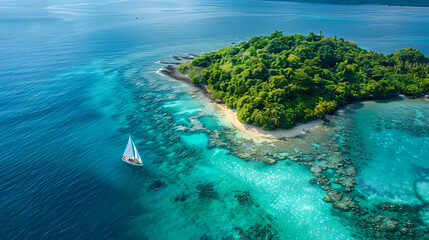 Wall Mural - Tropical Island Paradise With Sailing Yacht During Daytime