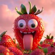 A playful and cheerful strawberry character with googly eyes, joyfully sticking out its tongue