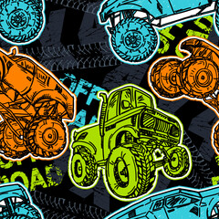 abstract seamless grunge pattern for boy. urban style modern background with monster truck car, trac