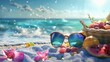 Tropical beach holiday theme. Sunglasses with a basket of fruits on the background of the ocean.