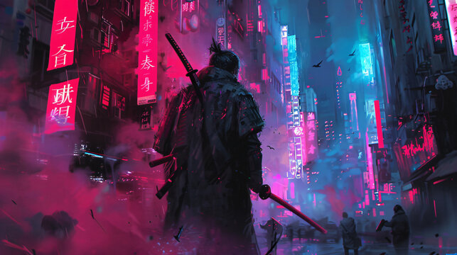 modern painting of a samurai, neon lights, futuristic city, cyberpunk, fantasy, people, night, robot, warrior, art, black, smoke, sword, music, future, dark, person, war, futuristic, rock