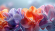 A photo of large paper flowers in purple, orange and pink colors on a light blue background. Created with Ai