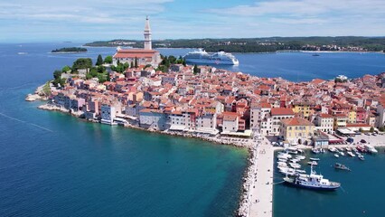 Wall Mural - Summer day aerial drone panorama of old town Rovinj, famous ancient Croatian city at the sea. Istria, Croatia.