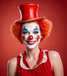 Female circus clown with red high hat - close up of painted face on red background.