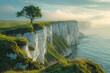 A stunning cliffside view with white cliffs, lush green grass and an isolated tree on the edge overlooking calm blue waters, a sunny day with light clouds in the sky. Created with Ai