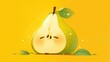 An isolated design featuring a cartoon pear with a sliced fruit and expressive facial features