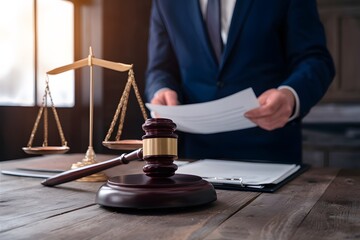 Male lawyer with contract papers and gavel in courtroom, justice concept