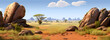 landscape of an African savannah, with large rocks and tall grasses in the foreground. The scene is split into four different, generative ai