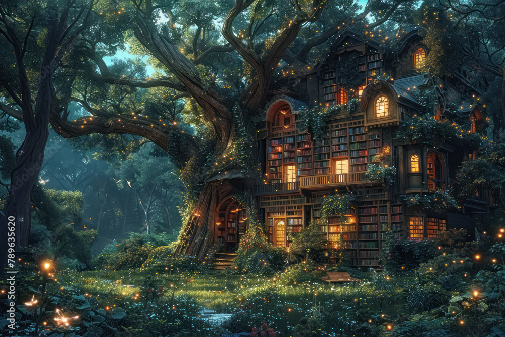 enchanted tree library with magical lights in a mystical forest Stock ...