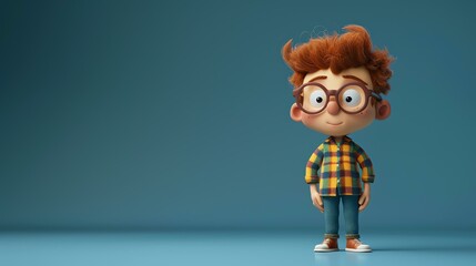 Canvas Print - 3D illustration of a cute and happy looking boy wearing glasses, a plaid shirt, and jeans.
