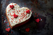 Creative food concept. Heart shape white sugar icing frosting chocolate cake with red love sprinkle flake on rustic industrial table background. copy text space