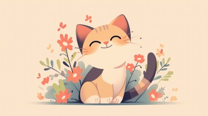 Wall Mural - A charming cartoon illustration of a cute cat showcasing the essence of animal nature is presented in a delightful flat cartoon style against a crisp isolated backdrop