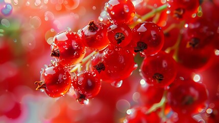 Wall Mural - Close-up of a bunch of ripe red currants with water drops on a blurred background.