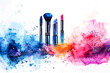 Cosmetics makeup: lipstick and brushes on a white background with vibrant blue and pink watercolor splashes. Copy space. Makeup artist and decorative cosmetics concept.