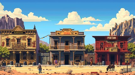 Pixelated wild west town, cowboys, saloons, and dusty streets