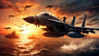 Dynamic scene of a jet fighter maneuvering above a naval warship during a sunset, highlighting military preparedness
