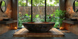 A rustic bathroom with an oversized, dark copper bathtub centered on the floor in front of large windows overlooking lush greenery and trees. Created with Ai