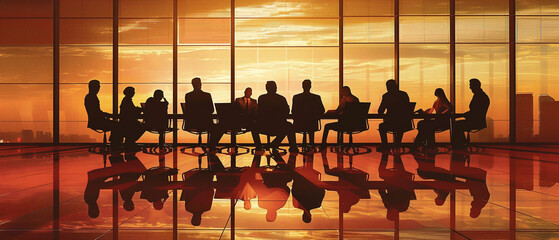 Corporate executives in suits sitting around a long table discussing business strategies and financial reports.