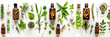 © Jafree - Herbal extracts, medicinal plants, homeopathic pills, Essential oils isolated on white backdrop. Concept of natural healing, homeopathic remedies, herbal therapy, and aromatherapy. Banner. Flat lay