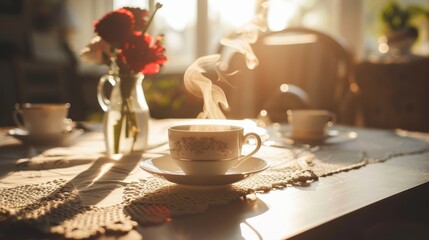 Steaming cup of tea on a lace tablecloth with morning sunlight. Cozy breakfast and home comfort concept. Still life photo for design in café menus, posters, and home decor. Warm interior