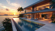  A modern mansion with infinity pool, palm trees and Miami city skyline in the background at sunset. Created with Ai