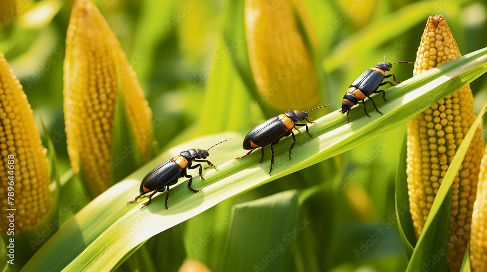 Infestation of beetles on young corn plants, illustrating the severe ...