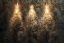 Five Spotlights Down. Plastered Wall Background Texture With Spotlights Shining On It. .