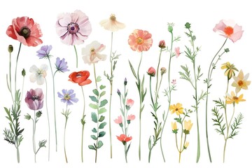 Wall Mural - watercolor summer wildflower clipart with a variety of colored flowers neutral with green stems on an isolated on white background