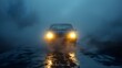 Mysterious Journey: Lone Car's Lights Piercing the Foggy Veil. Concept Mysterious, Journey, Lone Car, Lights, Foggy Veil
