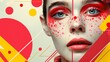 A woman's face divided and overlaid with abstract red and yellow geometric shapes, combining beauty with graphic design elements.