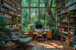 A home office in the jungle, with a wood and glass interior design containing lots of books. The office has big windows overlooking trees. Created with Ai