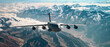 Cargo plane soaring above snowy mountain peaks, with a clear blue sky in background.