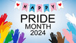 LGBT Pride Month 2024 concept with rainbow hands. LGBTQIA Pride modern background.	