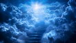 A staircase ascending to a celestial light in the electric blue clouds