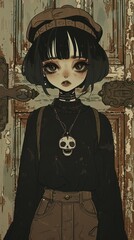 Wall Mural - A girl with black hair and a black shirt. She wears a hat and a skull necklace. She is standing in front of the door.