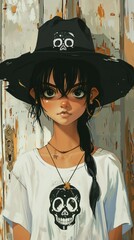 Wall Mural - A mysterious woman in a stylish black hat looks at the camera, a look filled with magic and charm.