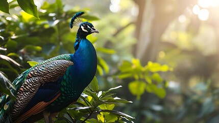 Wall Mural - A Vibrant Peacock Displaying Its Majestic Plumage, Radiating a Spectrum of Colors in a Breathtaking Courtship Ritual