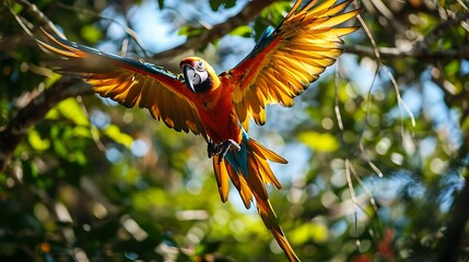 Wall Mural - A Vibrant Parrot Captured Mid-Flight, Its Colorful Feathers a Brilliant Display Against the Clear Sky