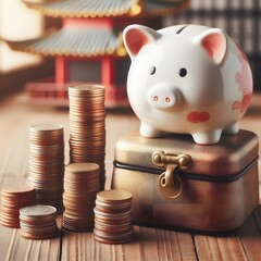 Piggy bank sits on top of a money purse next to a stack of coins.